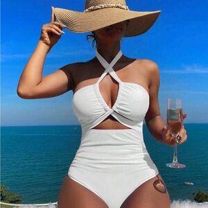 SHEIN White Halter One-Piece Swimsuit